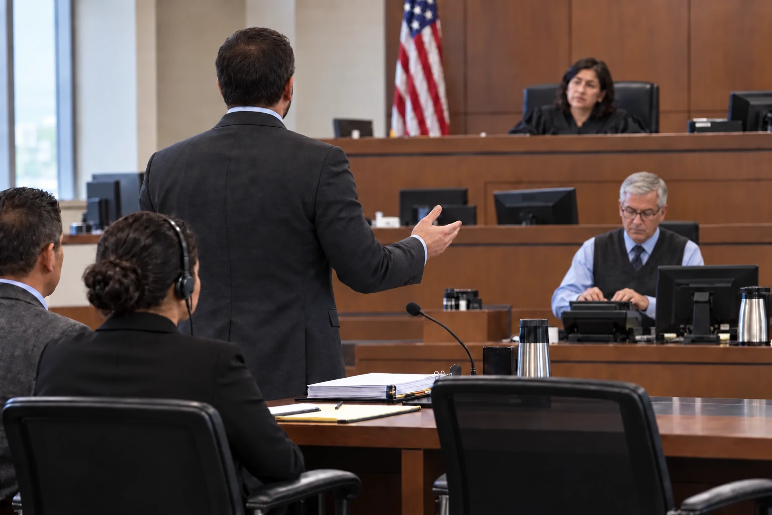 Counsel addressing a judge while a court reporter records the proceeding